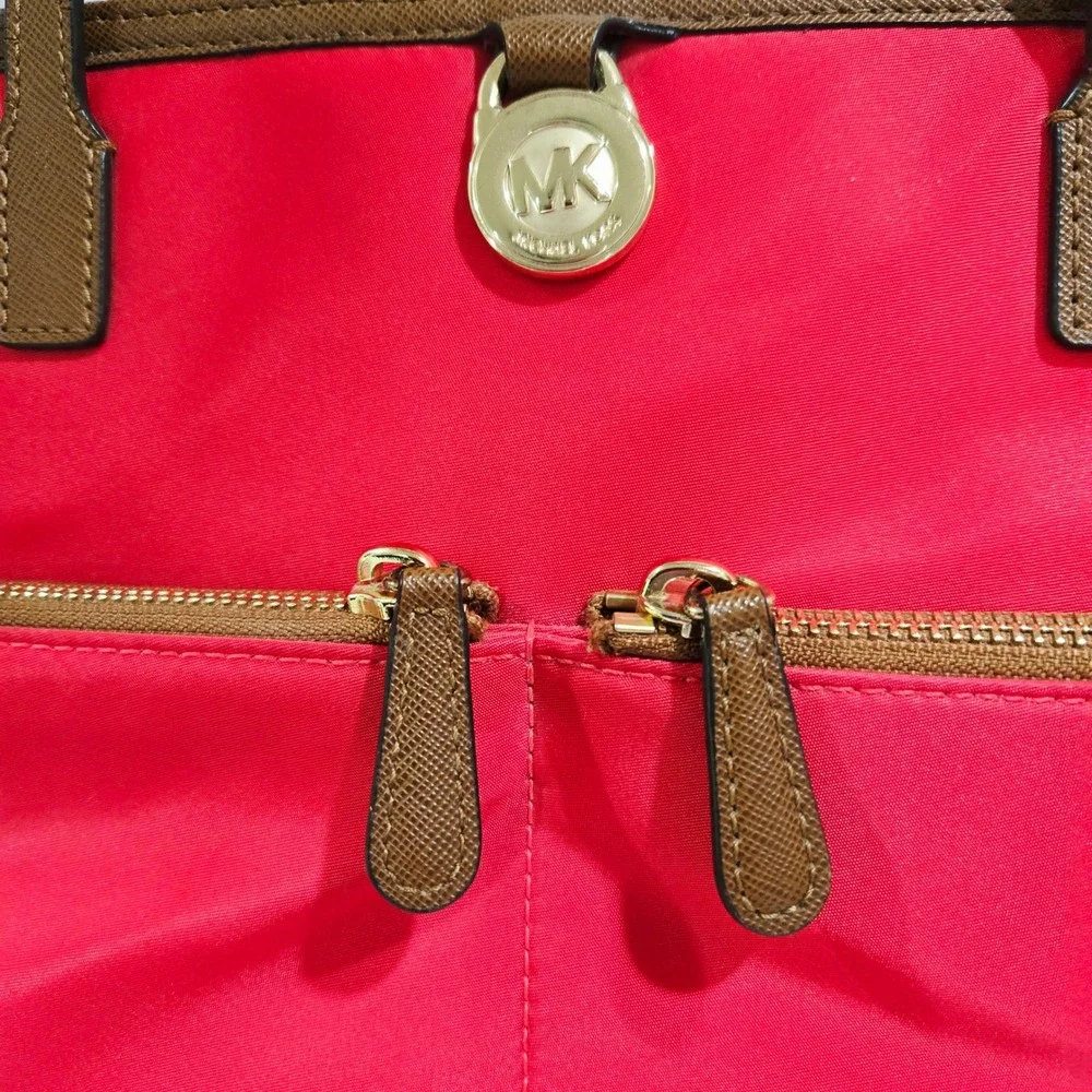 Michael Kors Polly Tote Bag Watermelon Coral Red Nylon Tan Leather Trim